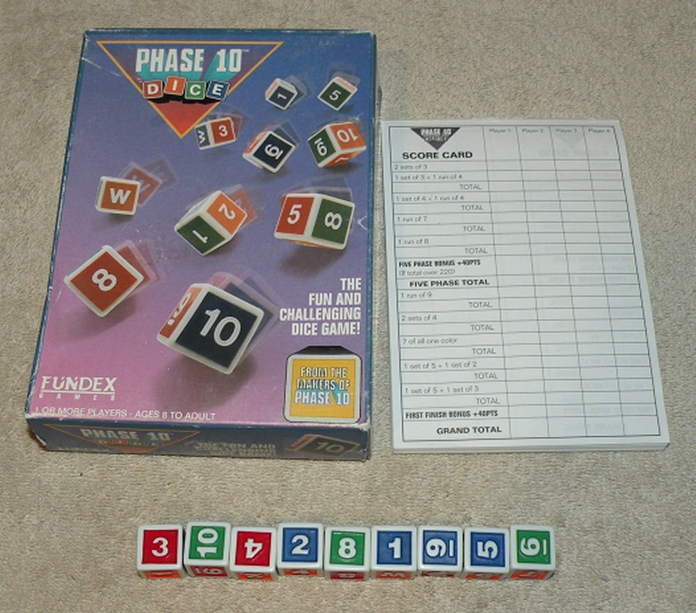 1993 Phase 10 Dice Game Fundex W/ Box Scorecards Missing 1 Die